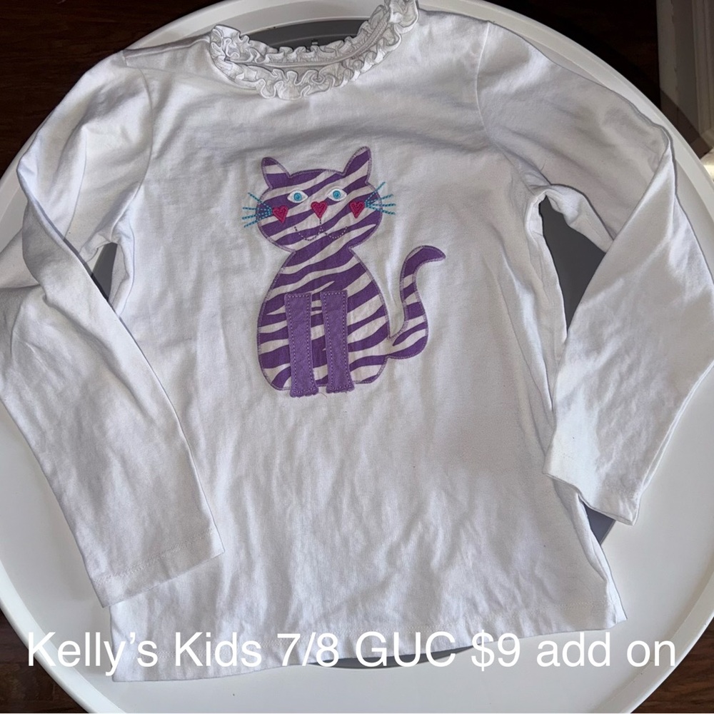 Kelly's Kids White Long-Sleeve Top with Purple Applique Striped Cat